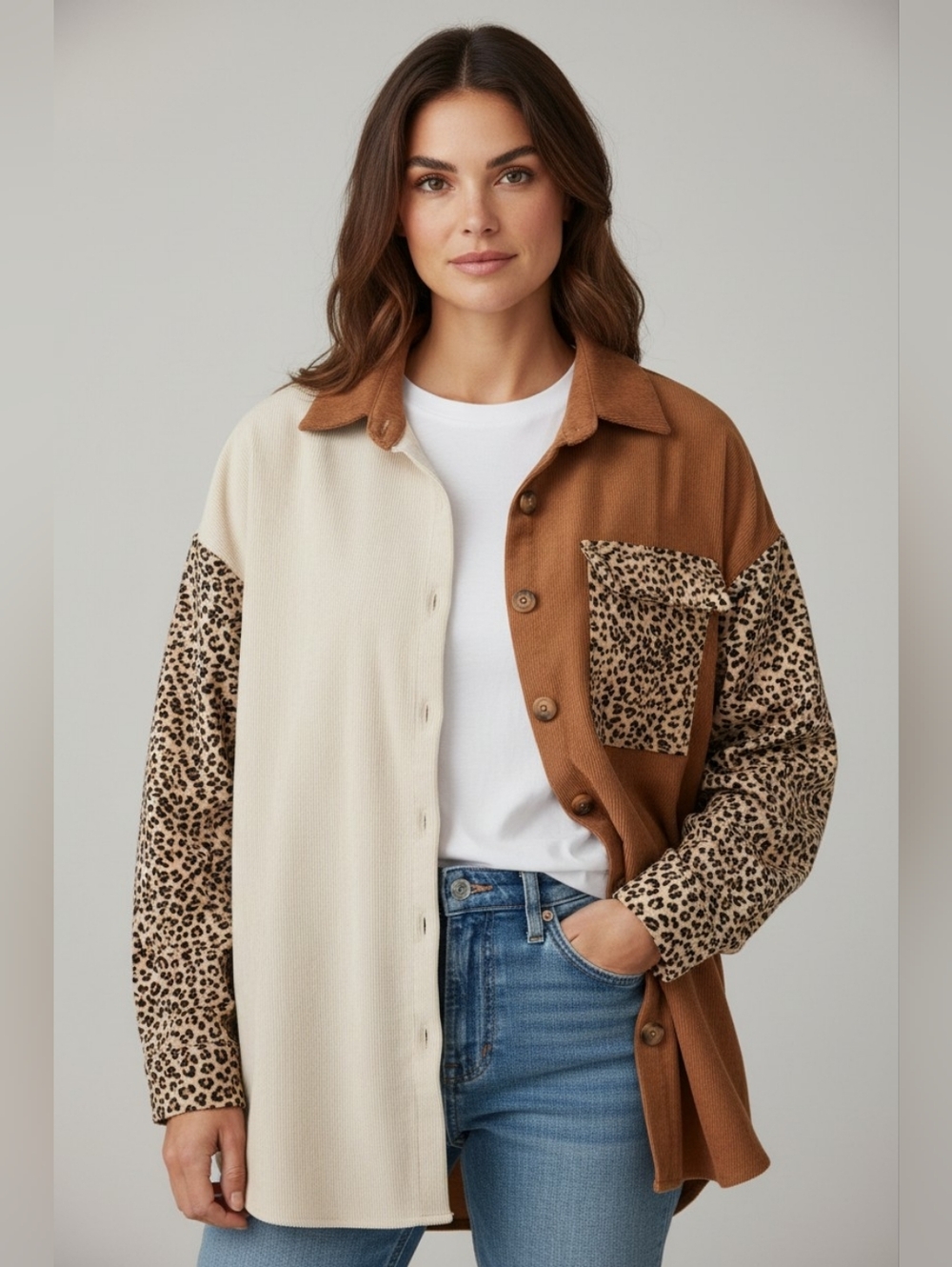 Colorblock Leopard-Print Women's Medium Shacket - Brown & Cream